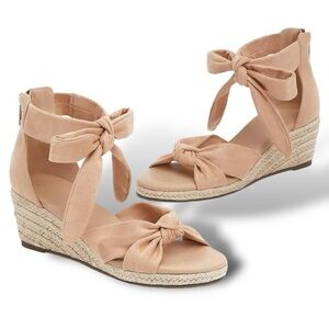 Ankle Tie Tan Suede Straw Wedge Sandal Open Toe Back Zip SOFTGIRL Lace up Siz…